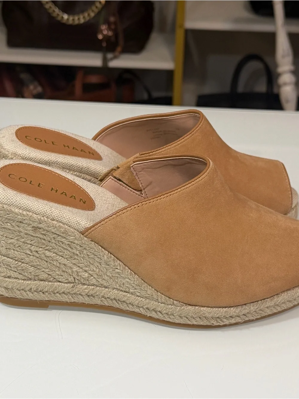 Cole Haan Cloudfeel Southcrest Espadrille Wedge Mule in tan suede sz7